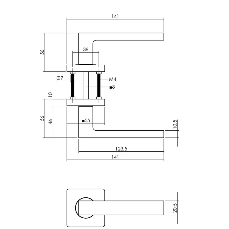 Deurkruk Hera Op Geveerde Rozet 55x55x10mm 7mm Nokken Antraciet-Grijs