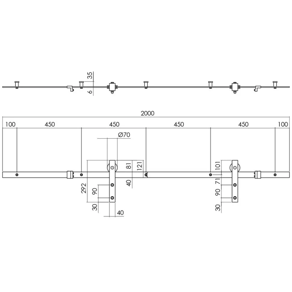 Intersteel schuifdeursysteem basic 200 cm mat zwart 100 kg