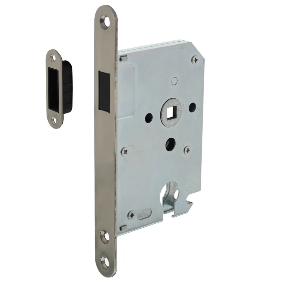 Intersteel Woningbouw Magneet Cilinder Dag- en Nachtslot 55mm Voorplaat Afgerond RVS 20x174 Doornmaat 50mm Incl. Sluitplaat/kom