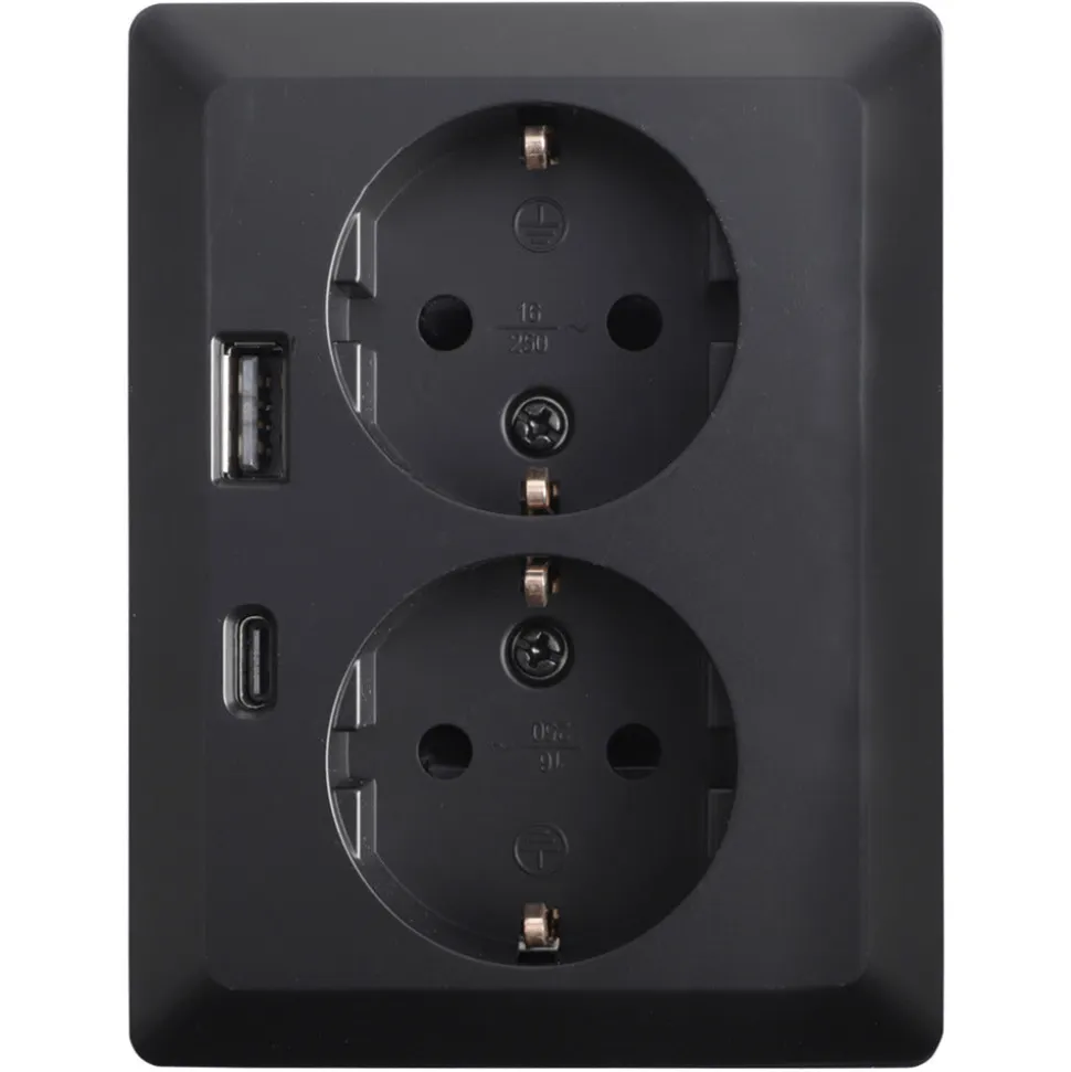 ION INDUSTRIES V1/J1 Inbouw Contactdoos 2-Voudig Randaarde USB A/C Zwart