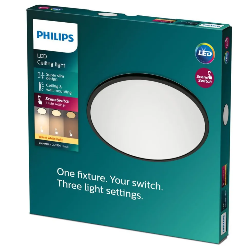 Philips Plafondlamp Superslim CL550 Zwart Rond 15W 3-Staps Dimbaar IP20 Ø25cm