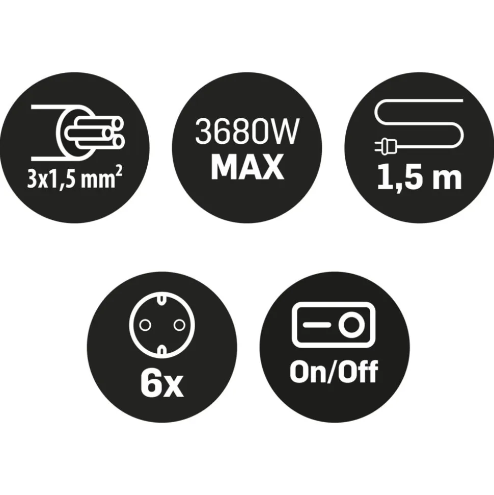 Q-Link Stekkerdoos 6-Voudig Zwart Randaarde 3680W 3x1,5mm2 1,5m
