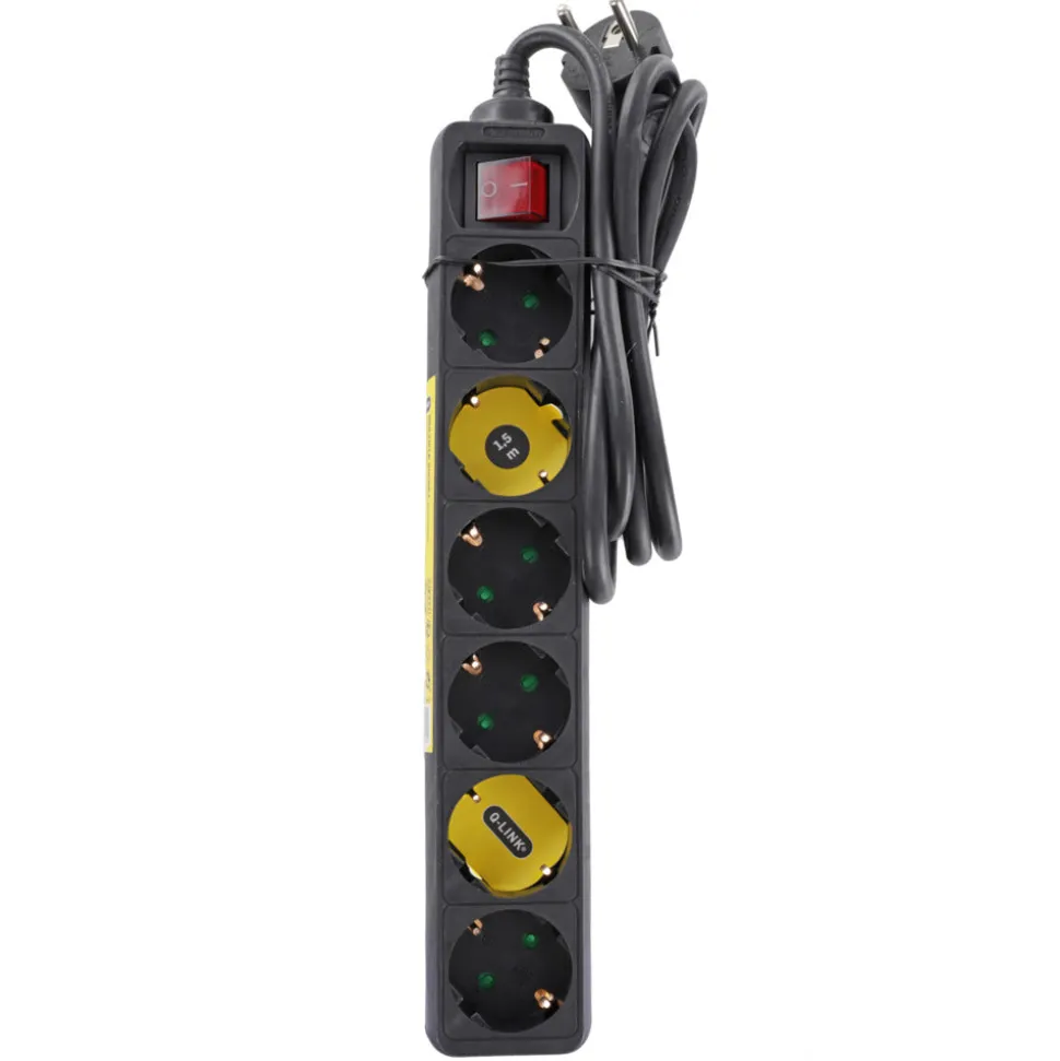 Q-Link Stekkerdoos 6-Voudig Zwart Randaarde 3680W 3x1,5mm2 1,5m