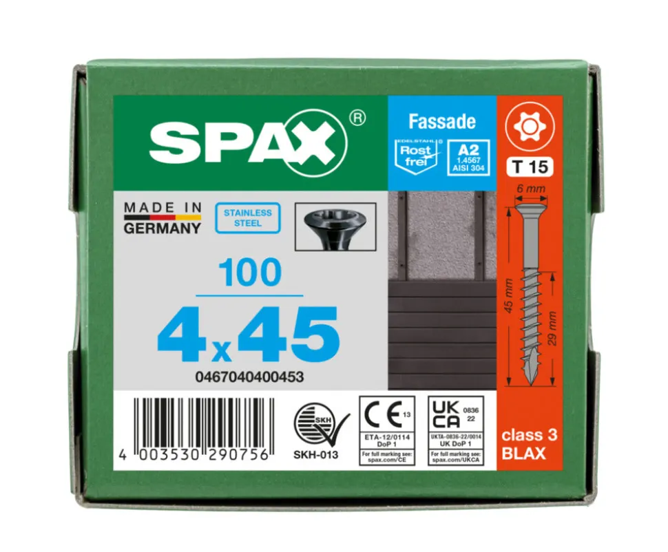 SPAX Gevelschroef RVS A2 VK XS 4x45mm Deeldraad T-STAR Plus T15 Zwart 100st