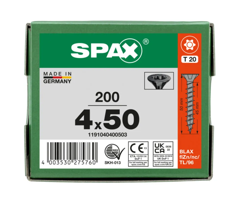 SPAX Universele Schroef Verzinkt VK Voldraad Zwart T20 200st