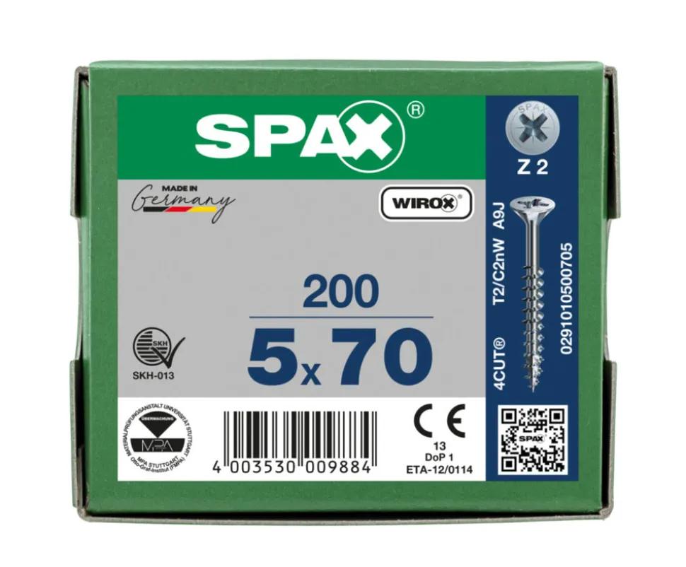 SPAX Universele Schroef Verzinkt VK 5x70mm Deeldraad PZ2 200st
