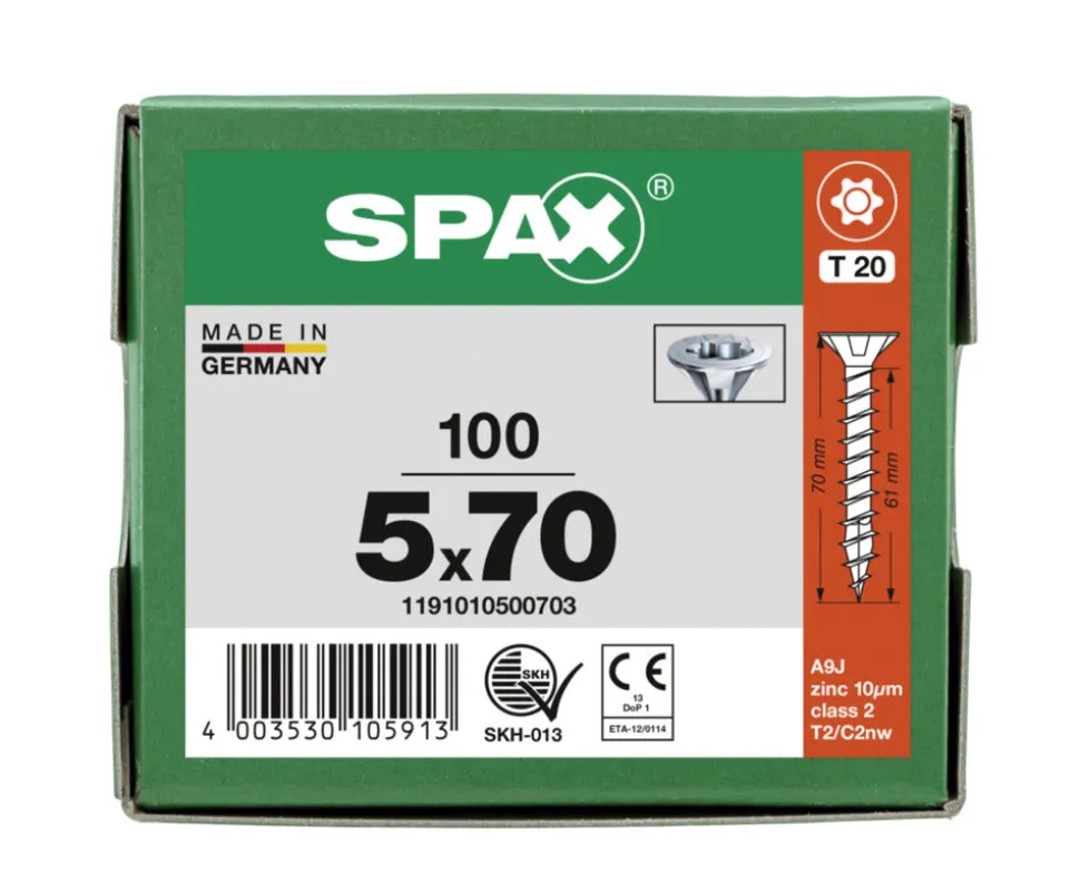 SPAX Universele Schroef Verzinkt VK 5x70mm Voldraad T-STAR Plus T20 100st
