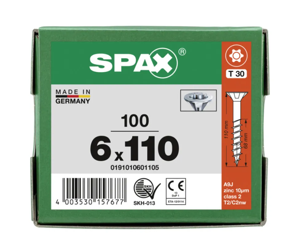 SPAX Universele Schroef Verzinkt VK 6x110mm Deeldraad T-STAR Plus T30 100st