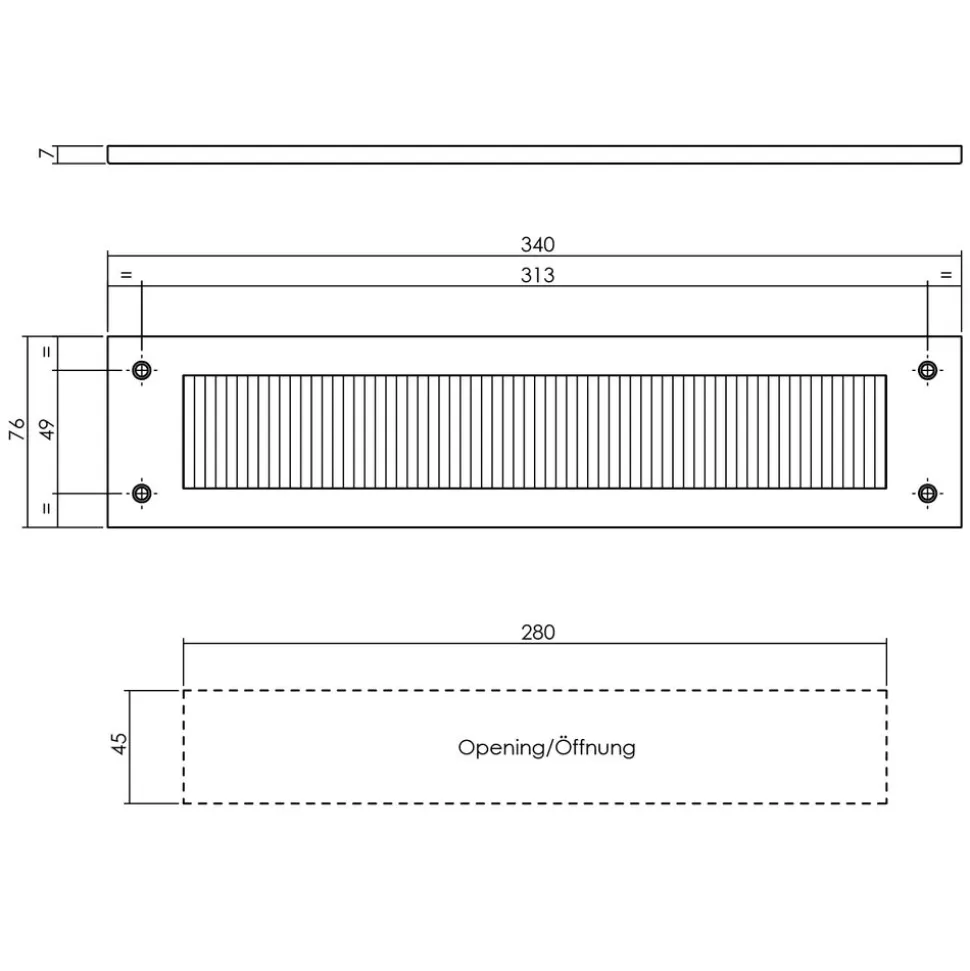 Tochtwering Rechthoek 340x76mm RVS/Zwart